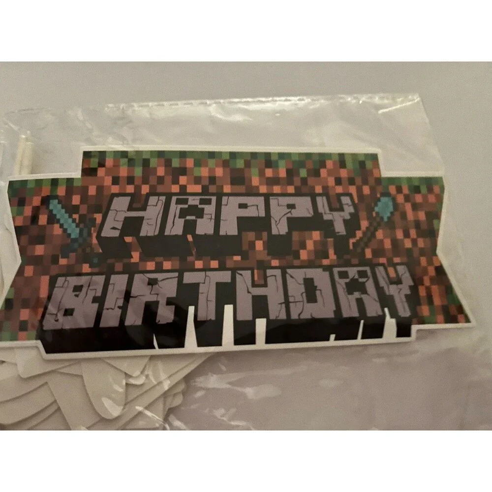 Pixel Birthday Decor Set for Kids Banner, Balloons, Cake Toppers and Ribbon Set